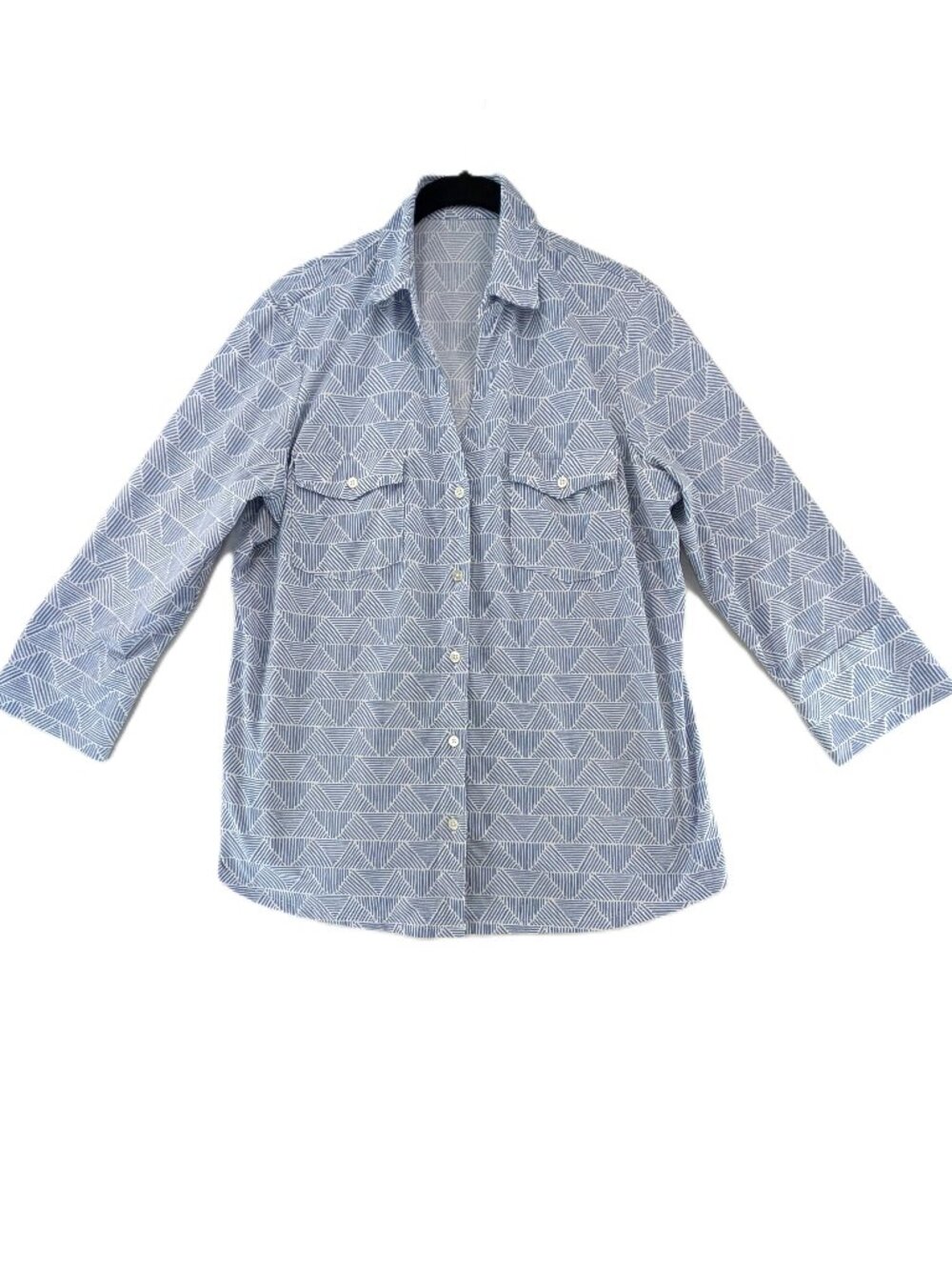 J McLaughlin Button Shirt Top Womens Size Large Blue Geometric V-Neck Pockets